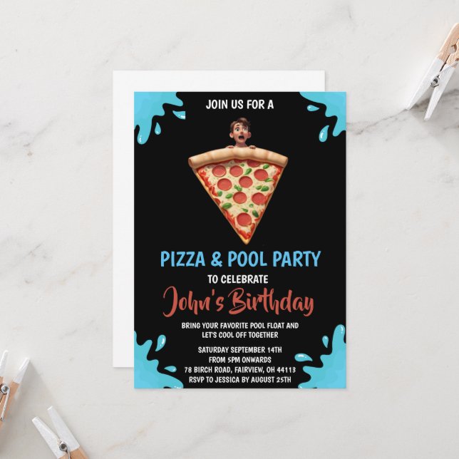 Pizzapool Party Einladung (Vorderseite/Rückseite Beispiel)