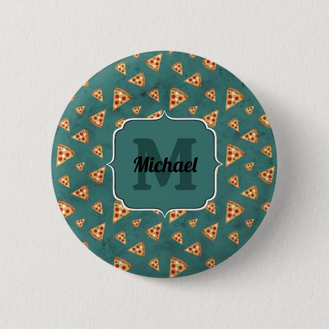 Pizzastücke im Retro-Teal-Muster mit Monogramm Button (Vorderseite)