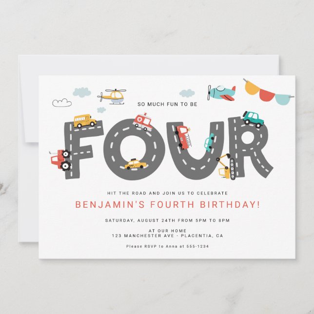 Pkw & Lkw Stadtverkehr VIERTER Geburtstag Einladung (Vorderseite)