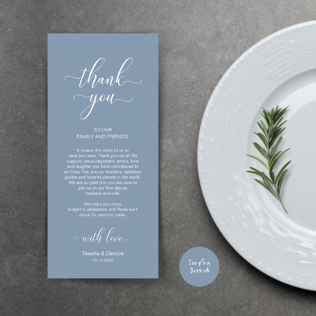 Place Setting Vielen Dank, Elegant Dusty Blue Card Programm (Wedding Dinner Place Setting Thank You Card, Modern Classy Design, Dusty Blue)
