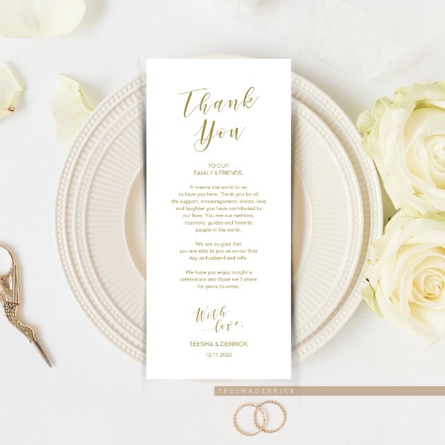 Place Setting Vielen Dank, moderne Skriptkarte Gol Programm (Wedding Dinner or Elopement Brunch Place Setting Thank You Card, In Modern Romantic Gold Themed.)