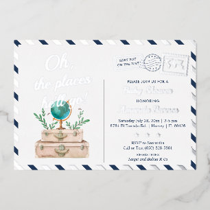 Places He'll Go Travel Baby Junge Navy Blau Silber Folieneinladung
