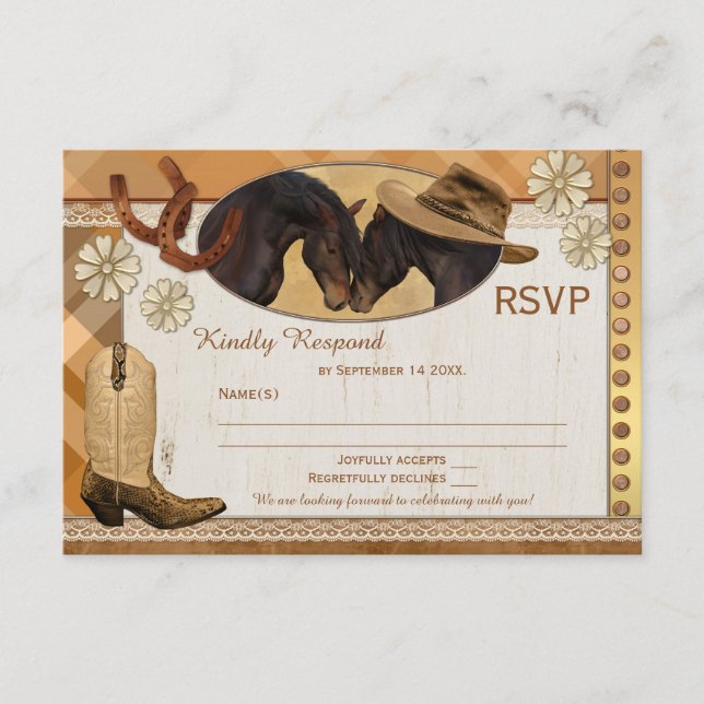 Pläd Country Western Wedding RSVP Card Karte (Vorderseite)