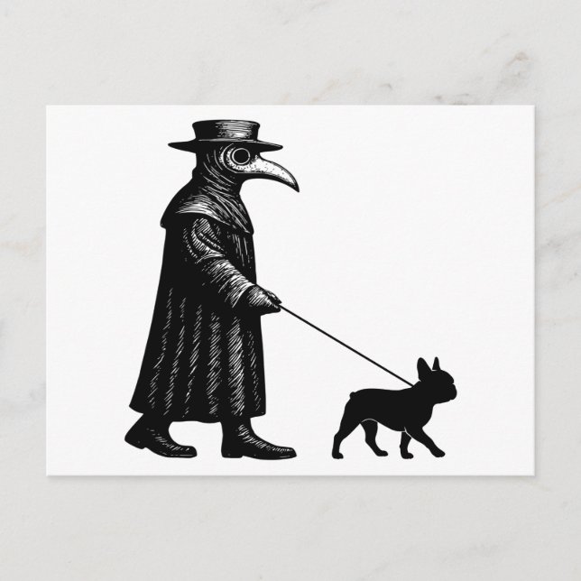 Plague Doctor Walking Frenchie Feiertagspostkarte (Vorderseite)