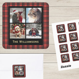 Plaid 4 Photo Christmas Red Black Rustic Chic  Quadratischer Aufkleber