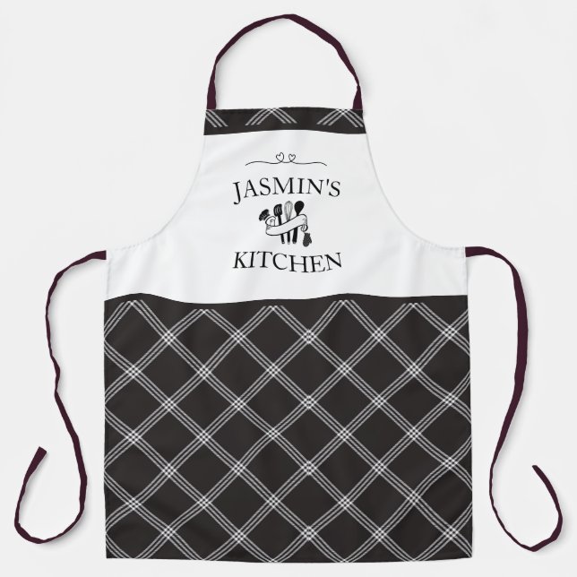 Plaid Black White Tartan Farmhouse Kitchen Schürze (Vorderseite)