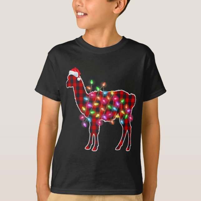 Plaid Buffalo Llama Christmas Pajamas Xmas Lights  T-Shirt (Vorderseite)