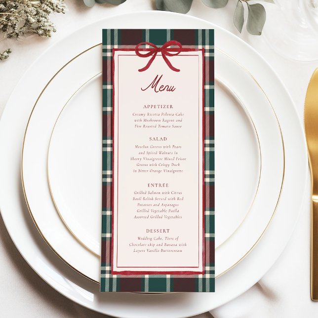 Plaid Christmas Wedding Menu | Holiday Tartan Menükarte (Burgundy green plaid Christmas wedding menu with red bow, elegant winter dinner design)