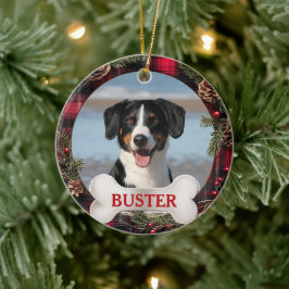 Plaid Christmas Wreath Dog Photo Tree Ornament
