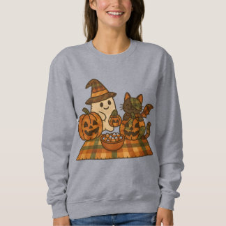 Plaid Ghost and Cat Halloween Sweatshirt | Cute