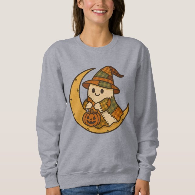Plaid Ghost on Moon Sweatshirt | Cute Fall (Vorderseite)
