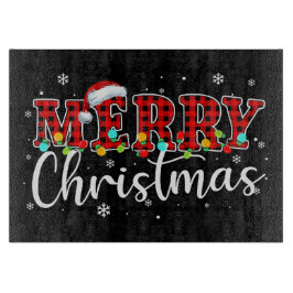 Plaid “MERRY” with Santa Hat and Christmas Lights Schneidebrett