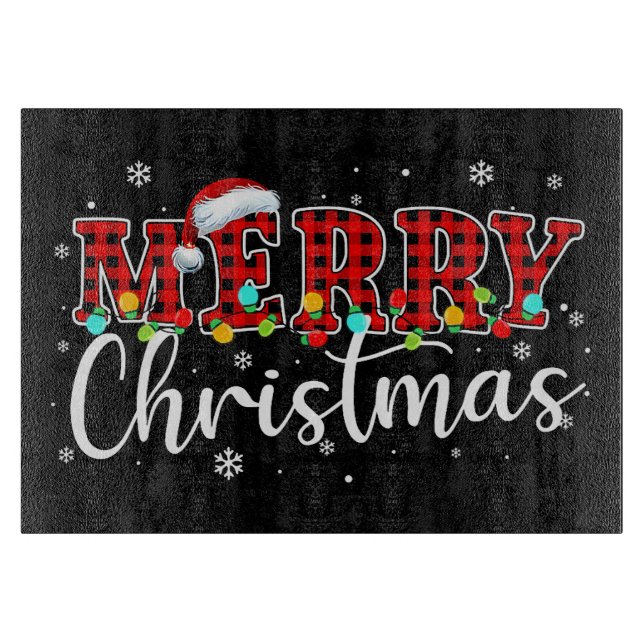 Plaid “MERRY” with Santa Hat and Christmas Lights Schneidebrett (Vorderseite)