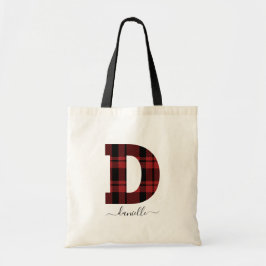 Plaid Red and Black Monogram Letter "D" Tragetasche