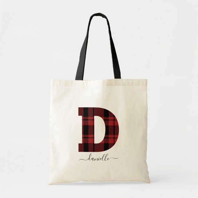Plaid Red and Black Monogram Letter "D" Tragetasche (Vorne)
