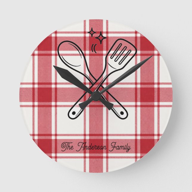 Plaid Red & White Custom Name Gift Runde Wanduhr (Vorderseite)