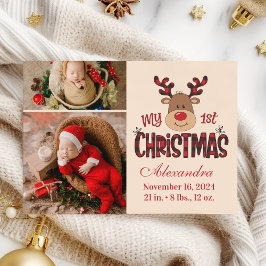Plaid Reindeer Baby First Christmas 2 Photo  Feiertagskarte