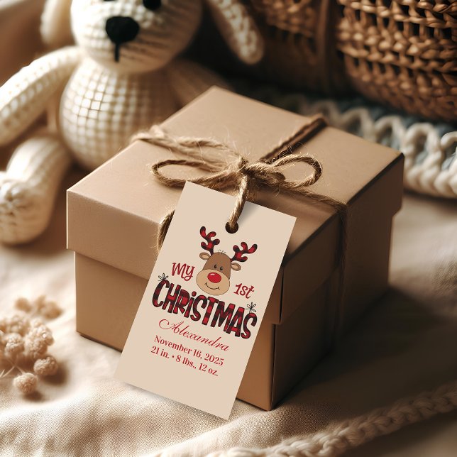 Plaid Reindeer Baby First Christmas Geschenkanhänger (Von Creator hochgeladen)