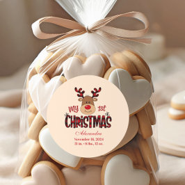 Plaid Reindeer Baby First Christmas Runder Aufkleber