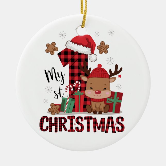 Plaid Reindeer “My 1st Christmas”  Keramik Ornament (Vorne)