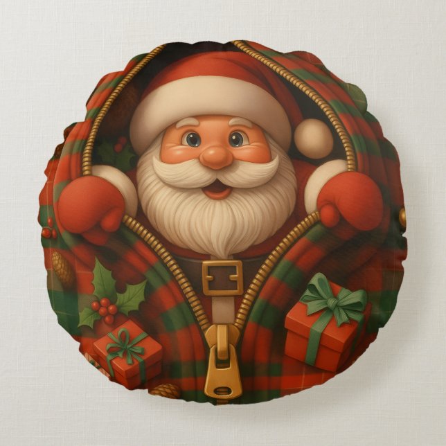 Plaid Santa Claus Christmas Design  Rundes Kissen (Vorderseite)