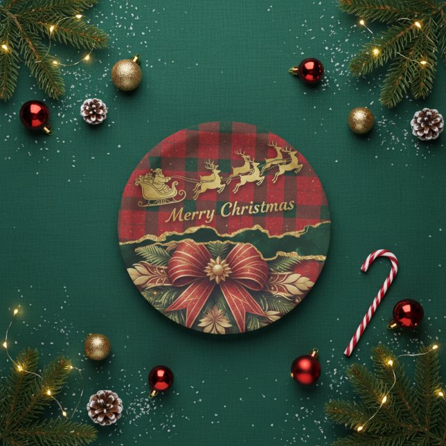 Plaid Santa Sleigh  Wreath Merry Christmas Gold Pappteller (Von Creator hochgeladen)