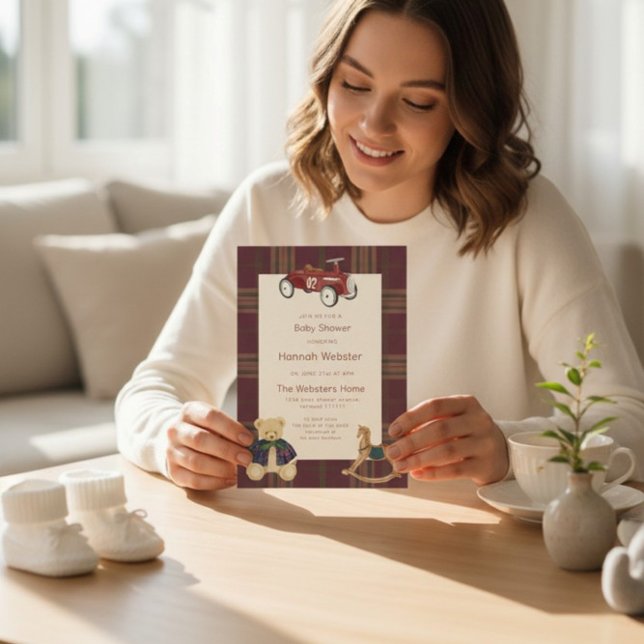 Plaid Teddy Bear Toy Car Baby Shower Invitation Einladung (Von Creator hochgeladen)