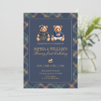 Plaid Twins Teddy Navy Tartan Bär 1. Geburtstag Einladung