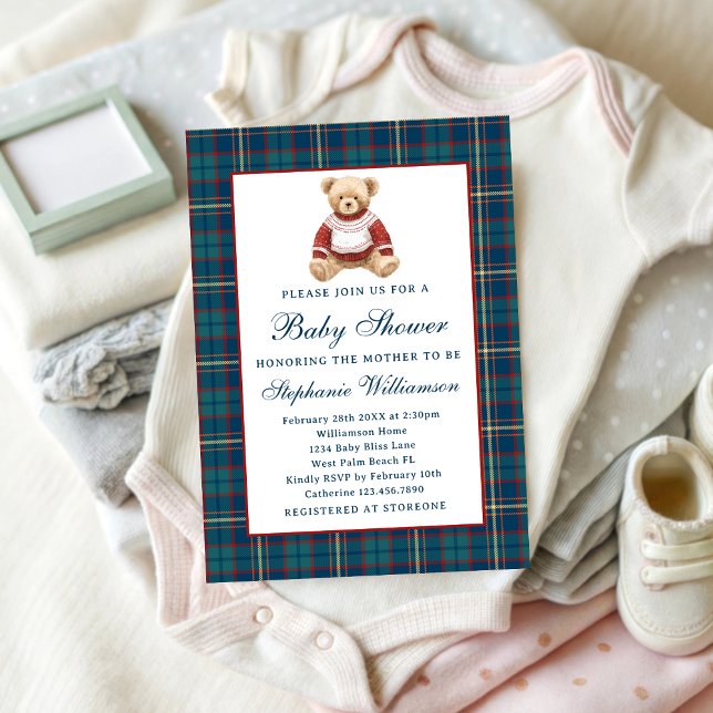 Plaid Vintage Teddy Bear Christmas Baby Shower Einladung (Von Creator hochgeladen)