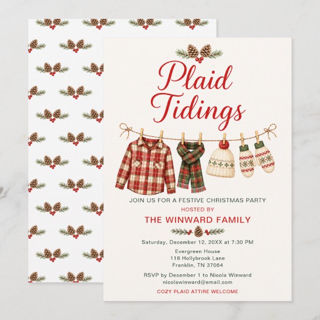 Plaid-Weihnachtsfeier Einladung (Vorne/Hinten)