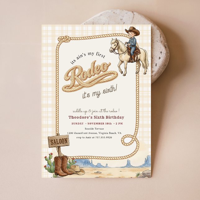 Plaid Western Desert Cowboy Rodeo 6th Birthday Einladung (Von Creator hochgeladen)