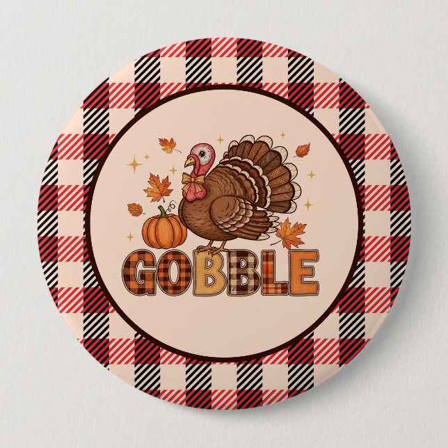 Plaid & Whimsy – Festlicher Thanksgiving-Truthahn Button (Vorderseite)