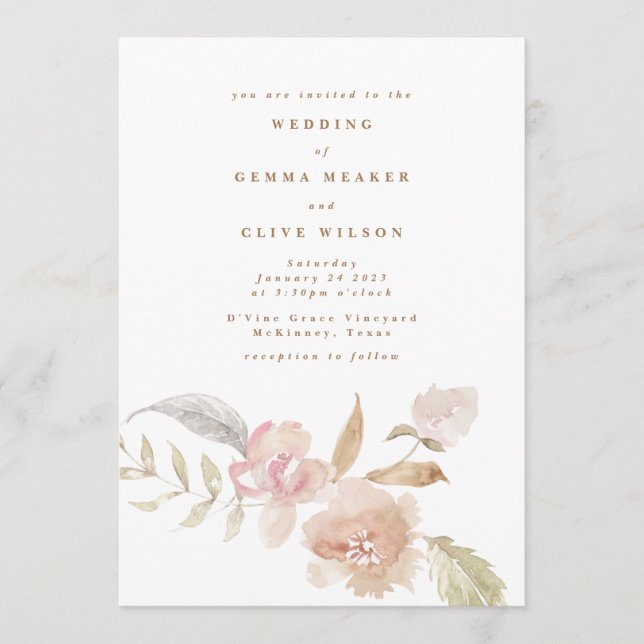 Plain Romantic Watercolor Florals Wedding Einladung (Vorderseite)