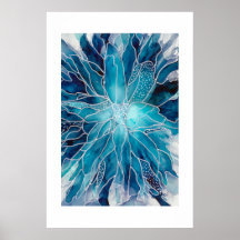 Plakat - Alkohol-Tinten-Kunst Blau Weiße Blume