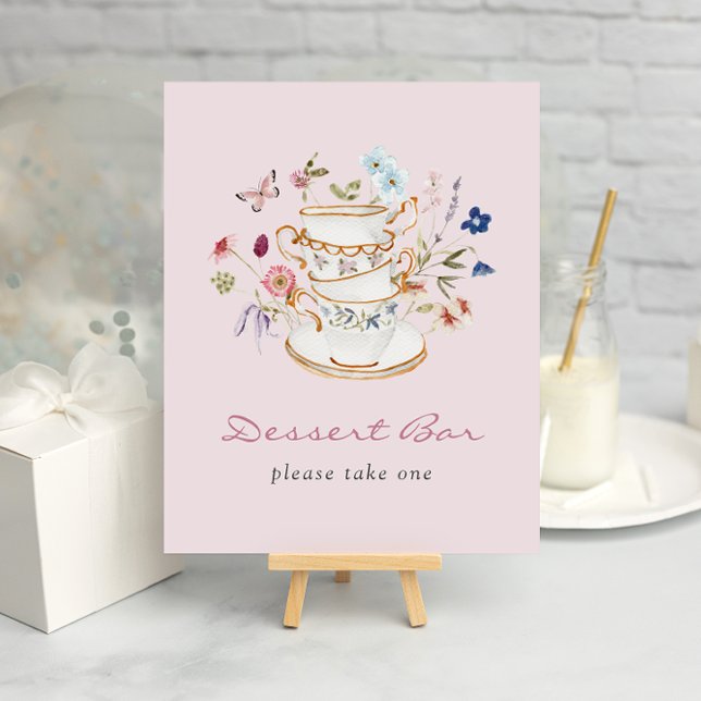Plakat für rosa Dessertbar (Pink Floral Tea Cup Dessert Bar Poster with Butterfly by Painted Paperie
)