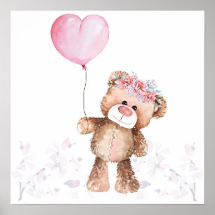 Plakat - Mädchen Babybär mit Luftballon