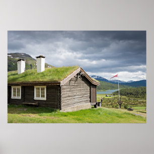 Plakat mit Blockhütte mit Rasendach in Norwegen