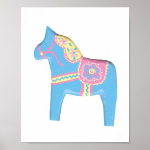 Plakat mit rosa, blauem und gelbem Pferd