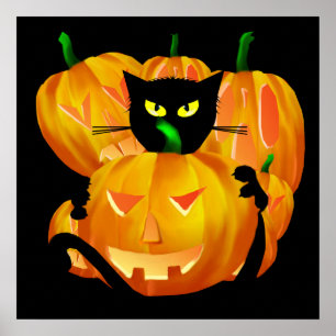 Plakat schwarzer Katze und Kürbise Halloweens