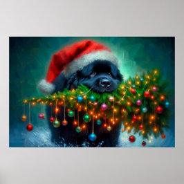 Plakat von Newfie, der einen Weihnachtsbaum trägt