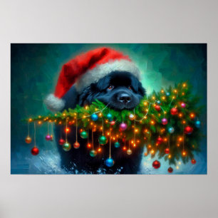 Plakat von Newfie, der einen Weihnachtsbaum trägt