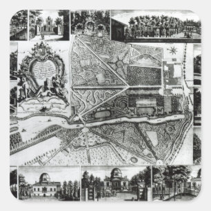 Plan des Gartens und Aussicht auf die Häuser von C Quadratischer Aufkleber