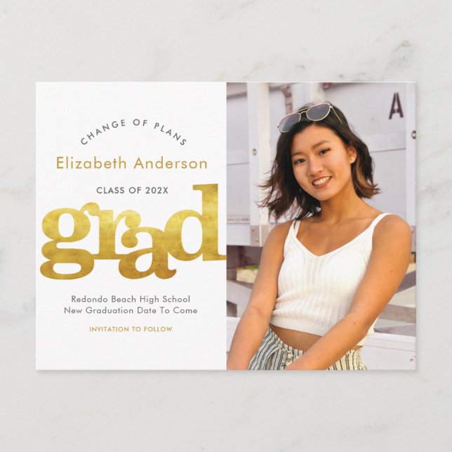 Planänderung Abschluss fett Goldtypografie Einladungspostkarte (Vorderseite)