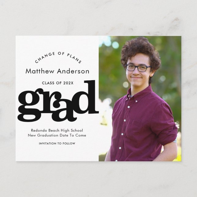 Planänderung Abschluss schwarze fette Typografie Einladungspostkarte (Vorderseite)