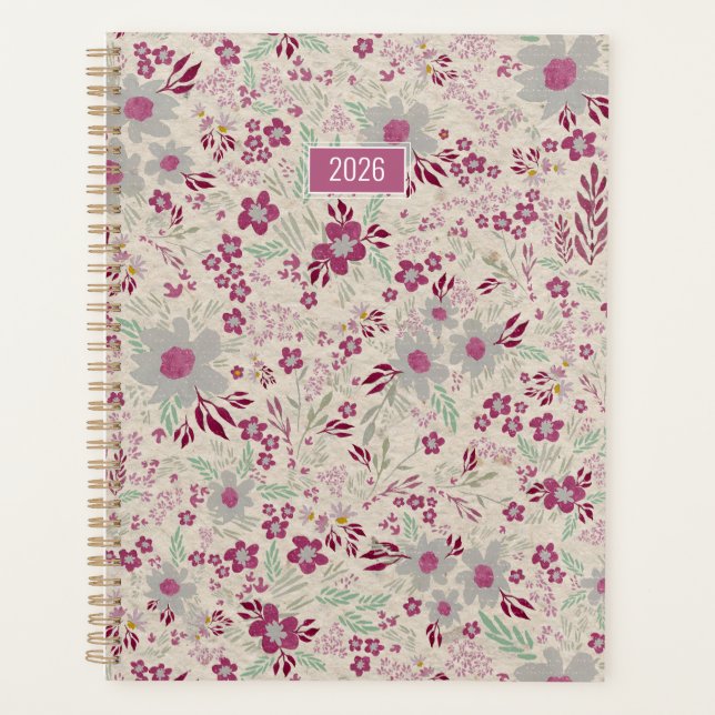Planer 2026 Rosa Grau Floral (Vorderseite)