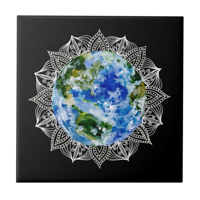 Planet Earth Mandala Black Fliese (Vorderseite)