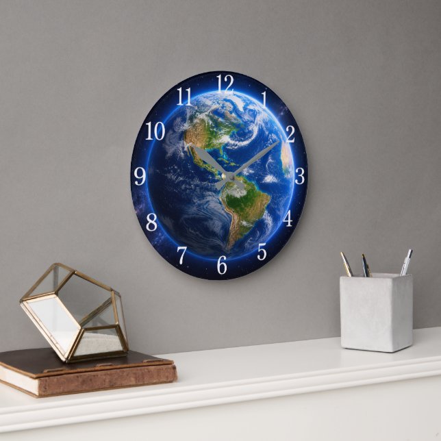 Planet Earth Wall Clock — Space-Inspired Design Große Wanduhr (Büro)