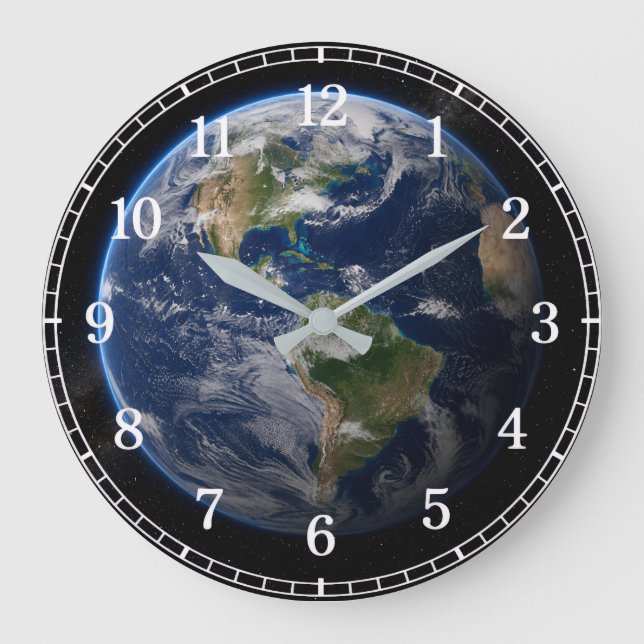 Planet Earth Wall Clock v2 — Space-Inspired Design Große Wanduhr (Vorderseite)