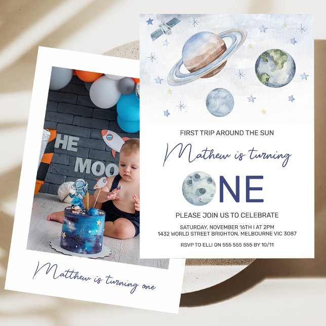 Planet Foto 1. Reise um die Sonne Geburtstag Einladung (Simple Planets Photo First Trip Around the Sun 1st Birthday Invitation, 1st trip Around the Sun )