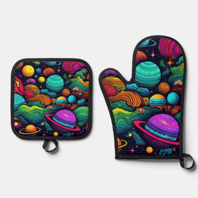 Planet-Hintergrund Ofenhandschuh & Topflappen-Set (Vorderseite)